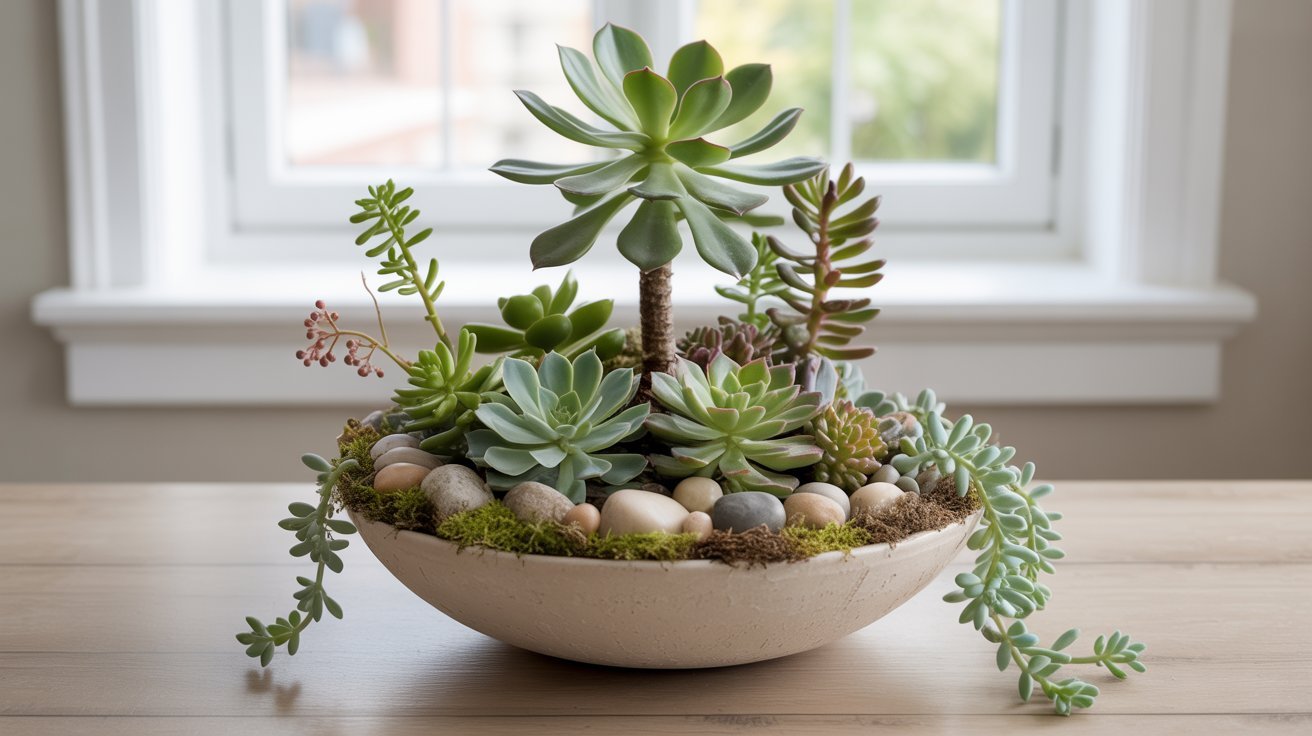  A shallow ceramic bowl filled with diverse succulents, pebbles, and moss sits on a wooden table. Sunlight filters through a window, creating a serene vibe.