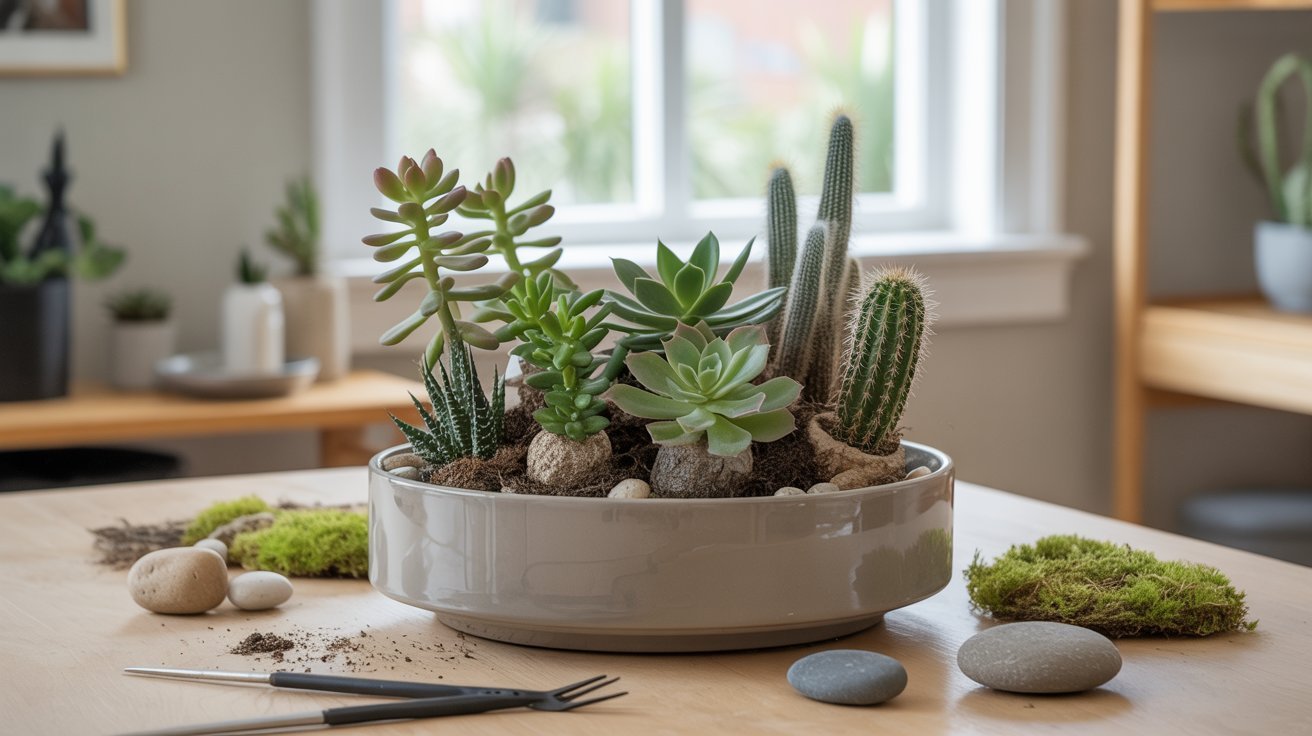 A serene tabletop succulent garden in a round planter with various cacti, surrounded by pebbles, moss, and gardening tools in a sunlit room.