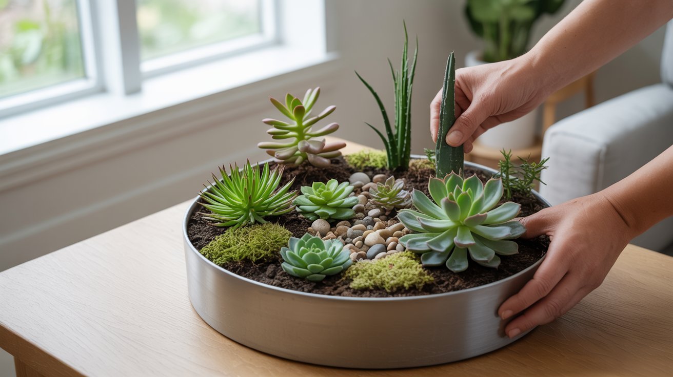  Hands arranging a variety of succulents in a shallow, round planter on a wooden table by a window. The setting is serene and minimalist.