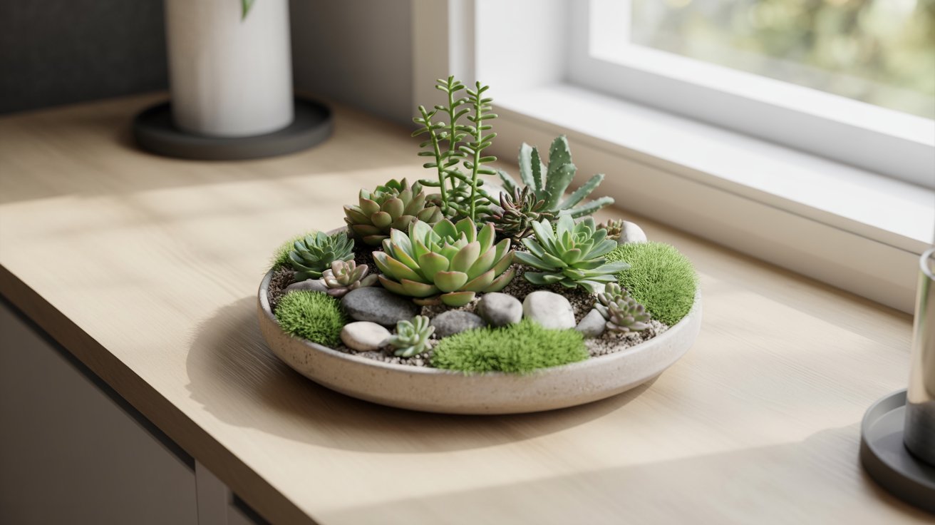 A round dish garden with various succulents and green moss sits on a light wooden windowsill, bathed in natural light, creating a fresh and serene ambiance.
