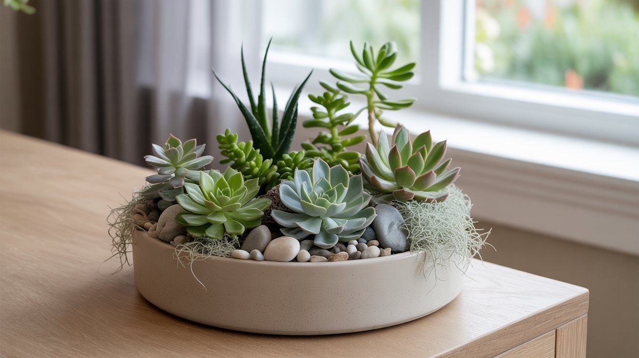 A round ceramic dish holds assorted succulents, including aloe and jade, surrounded by pebbles and moss on a wooden table near a sunlit window. Calm ambiance.