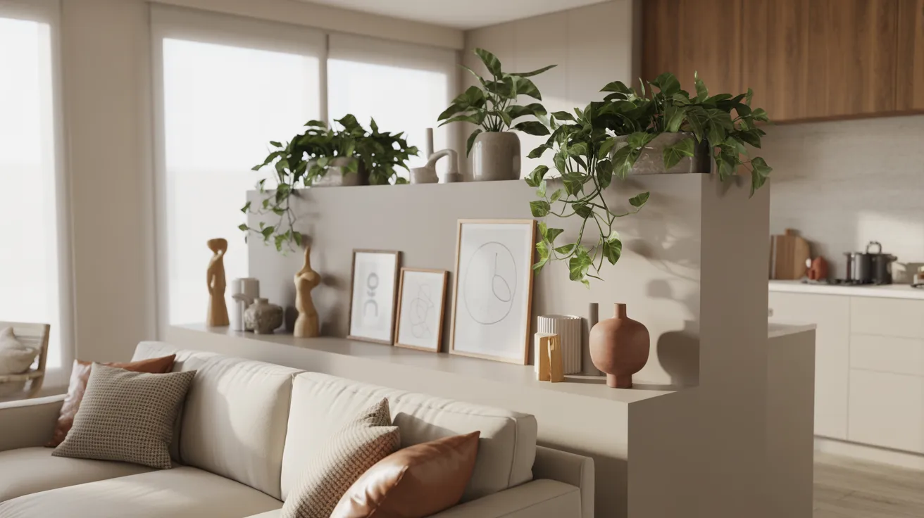 A cozy living space with a light beige couch adorned with pillows. A shelf displays lush green plants and minimalist framed art, creating a serene atmosphere.