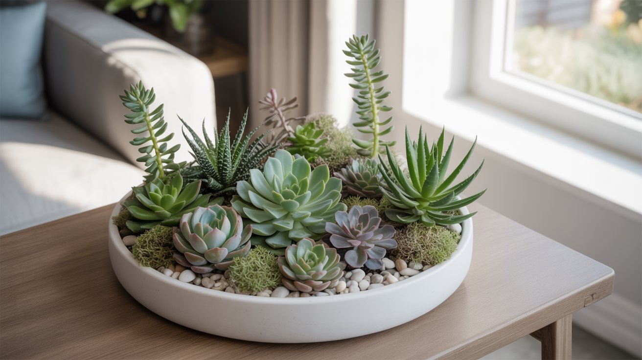 A white ceramic dish holds a variety of lush succulents and moss, placed on a wooden table by a sunlit window, creating a serene, natural ambiance.