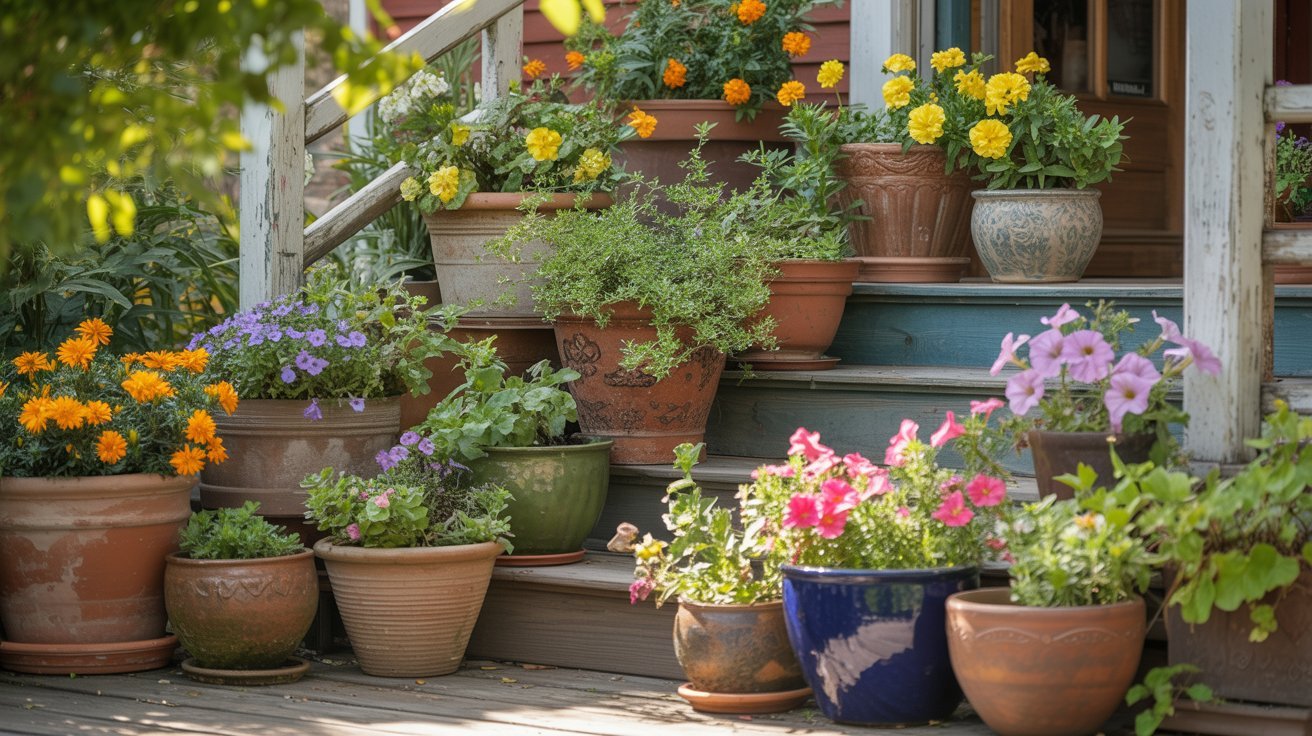 A variety of potted flowers in vibrant colors sit on wooden steps leading to a porch. Sunlight casts a warm glow, creating a cozy, welcoming atmosphere.