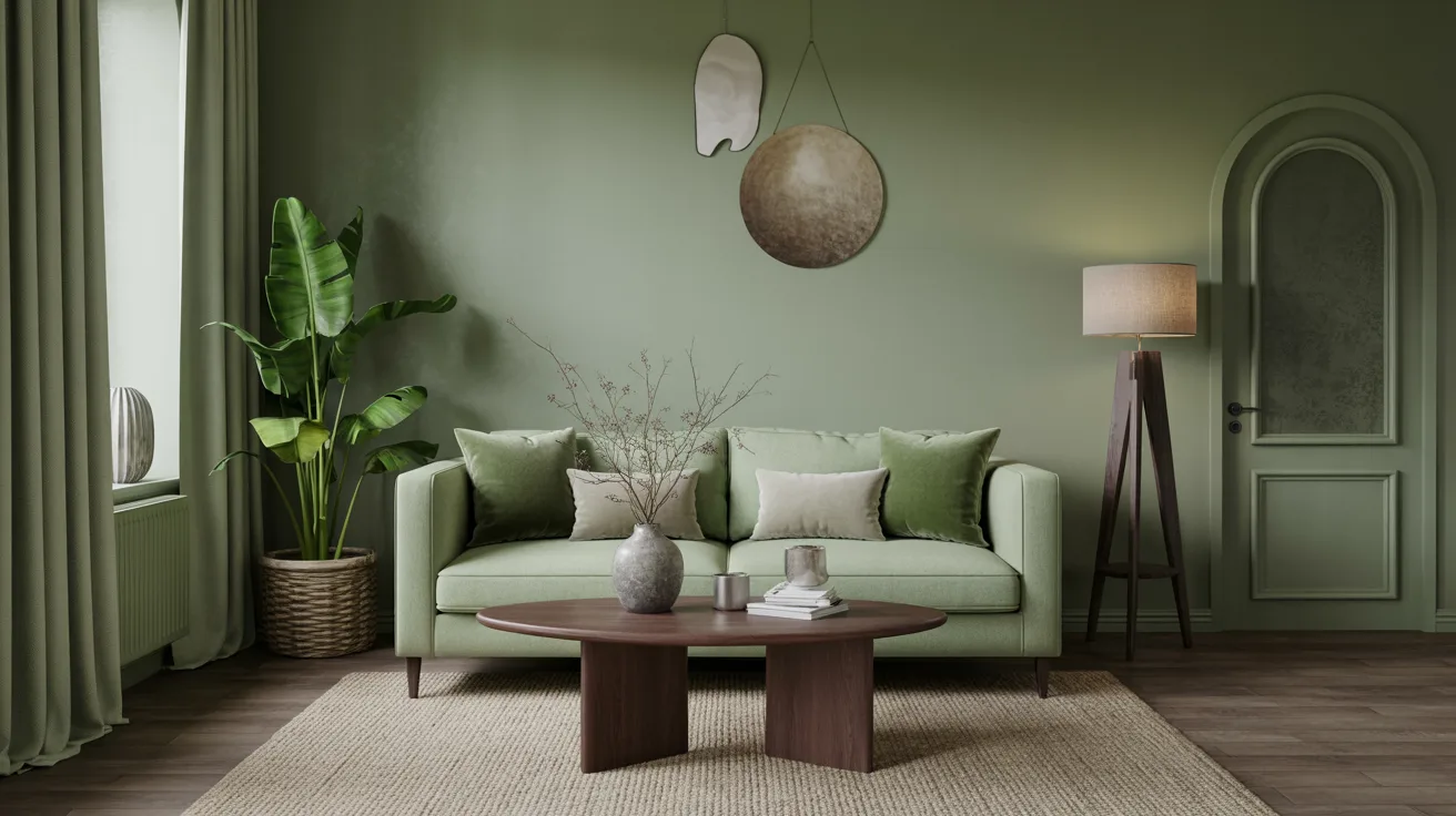 A serene living room with a leafy green color scheme, featuring a green sofa adorned with cushions, a wooden coffee table, tall floor lamp, and a potted plant.