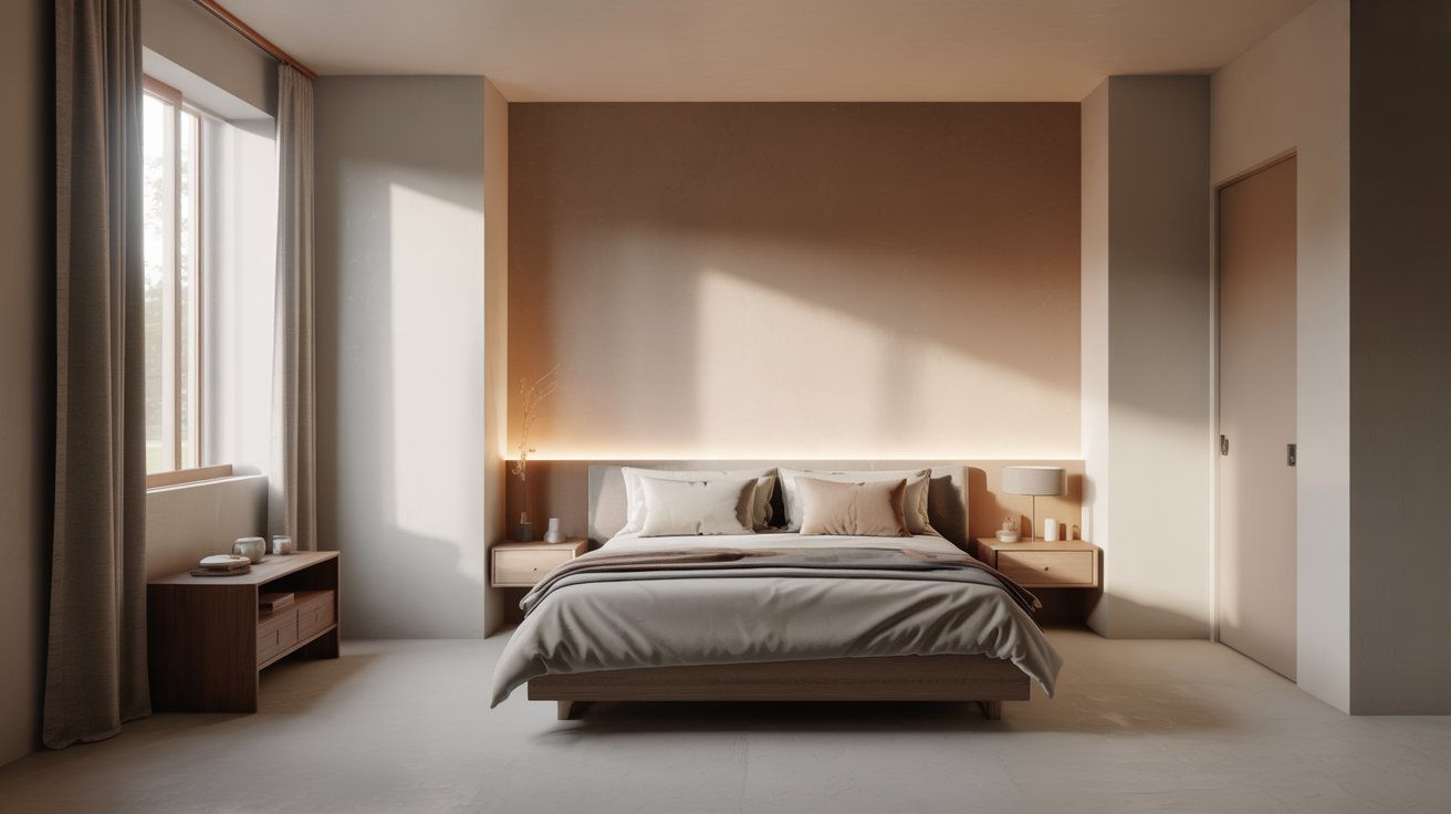 Modern minimalist bedroom with soft lighting. A large bed centered against a backlit wall with neutral tones; a window lets in natural light beside a wooden nightstand.