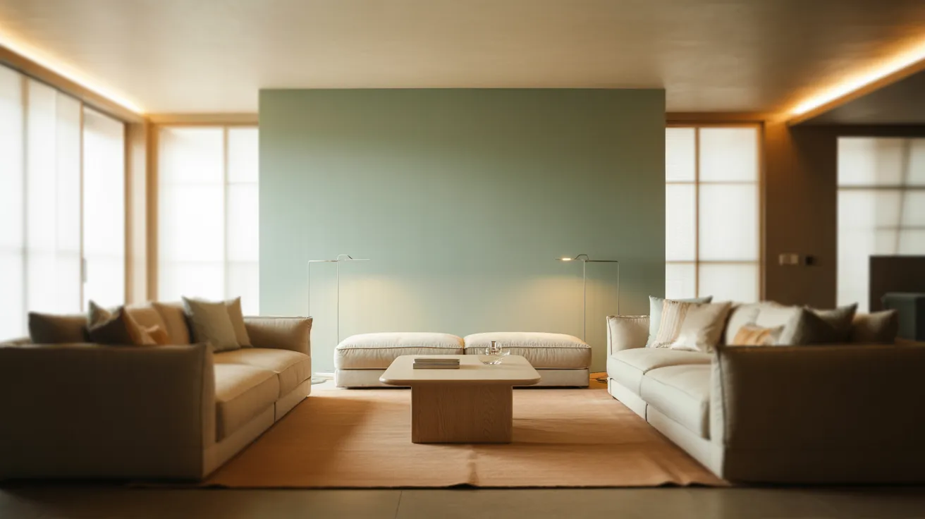 A modern living room with two beige sofas facing each other, centered by a low coffee table. Soft lighting and a pastel green accent wall create a serene atmosphere.
