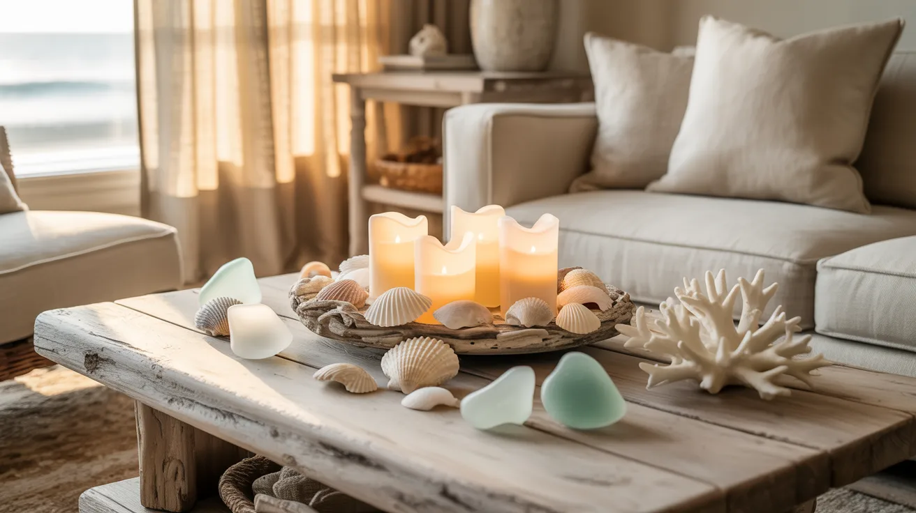 Cozy living room with a rustic wooden table adorned with candles, seashells, and coral. Soft sunlight filters through curtains, creating a serene ambiance.