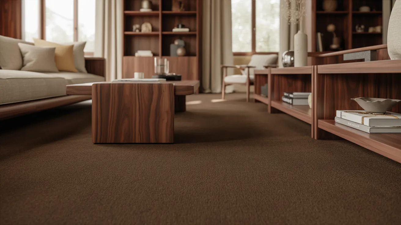 A modern living room with a warm, cozy ambiance features a brown carpet, wooden coffee table, beige sofa, bookshelves, and large windows with curtains.