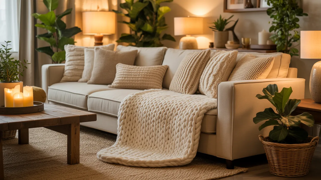Cozy living room with a beige sofa adorned with textured pillows and a knit blanket. Warm lighting, plants, and candles create a relaxing atmosphere.