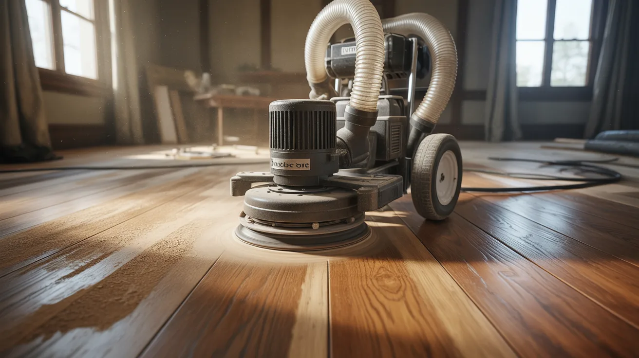 A floor sander smoothly polishes wooden floorboards in a sunlit room, creating a contrast between the unfinished and shiny surfaces, with a serene atmosphere.
