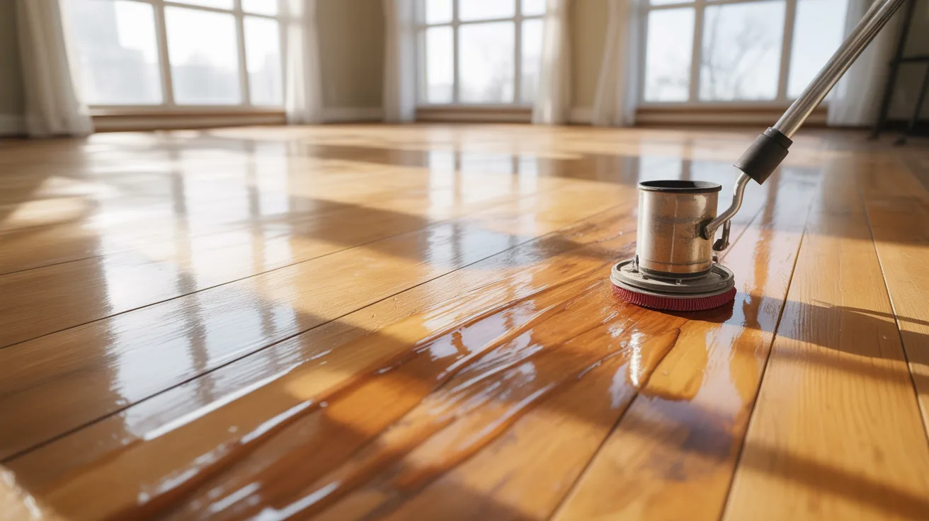 A floor buffer glides over a sunlit, shiny wooden floor in a bright room with large windows, creating a clean and polished surface.