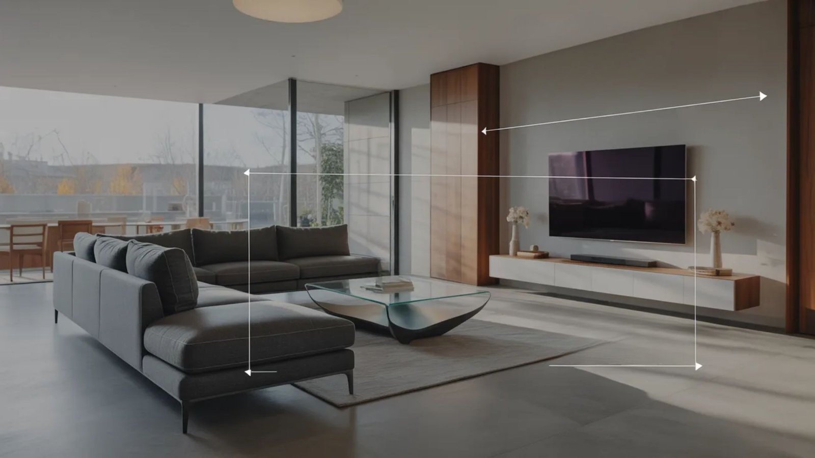 Modern living room with a gray sectional sofa, abstract glass coffee table, and large TV on a wooden console. Sunlight streams through floor-to-ceiling windows.