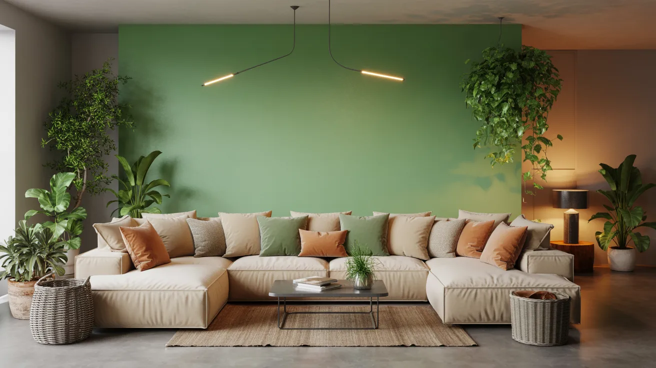 A modern living room with a beige sectional sofa, accented by green and brown pillows, set against a green wall. Potted plants and soft lighting add a cozy ambiance.