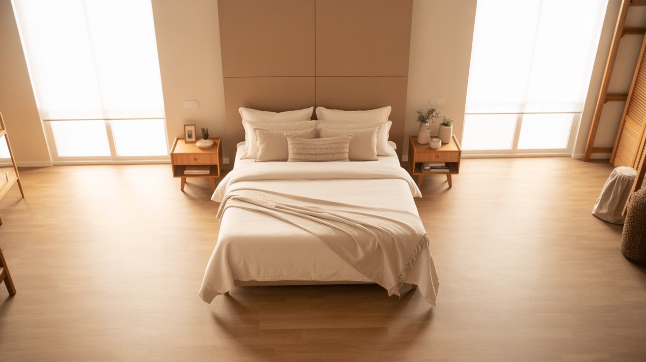A cozy bedroom featuring a neatly made bed with white and beige linens, flanked by wooden nightstands with lamps and plants, illuminated by soft natural light.