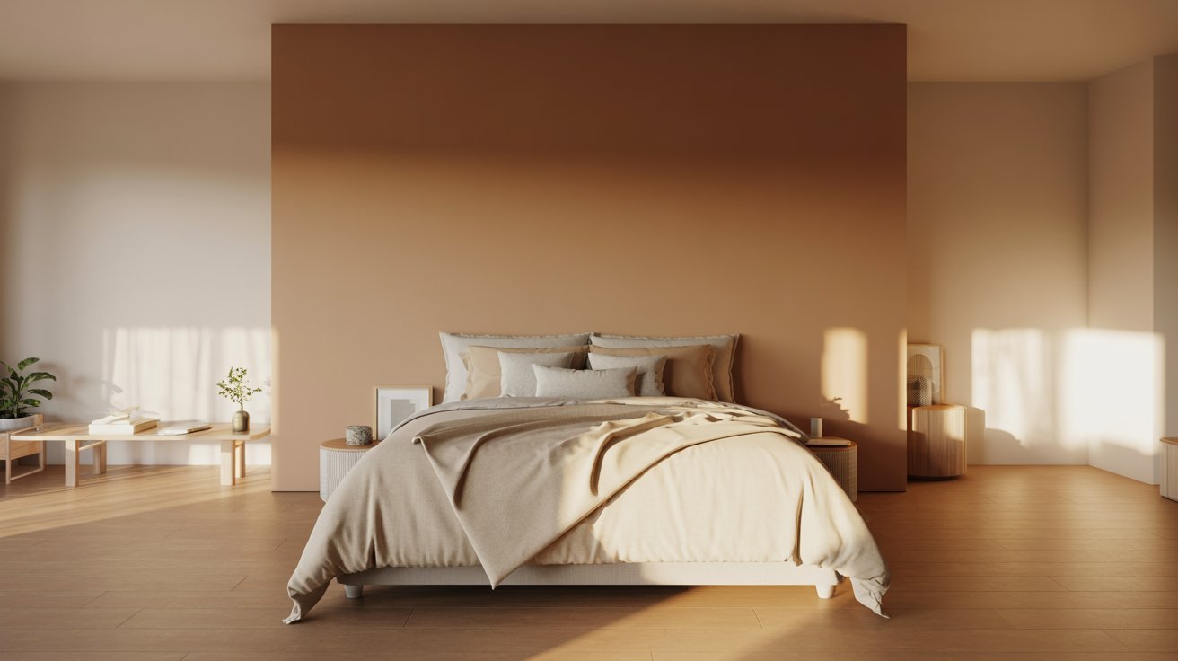 Calm bedroom with a beige palette, featuring a neatly made bed, soft pillows, wooden furniture, plants, and sunlight streaming through the window, creating a serene ambiance.