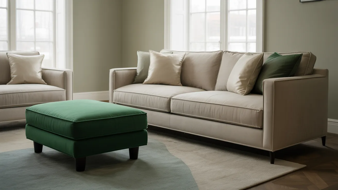 A cozy living room with a beige sofa adorned with beige and green cushions, paired with a matching ottoman. Light filters through large windows, creating a serene atmosphere.