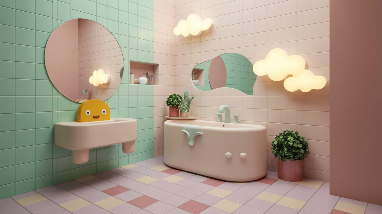 A bathroom featuring a sink, a standard mirror, and a whimsical cloud-shaped mirror above the sink.