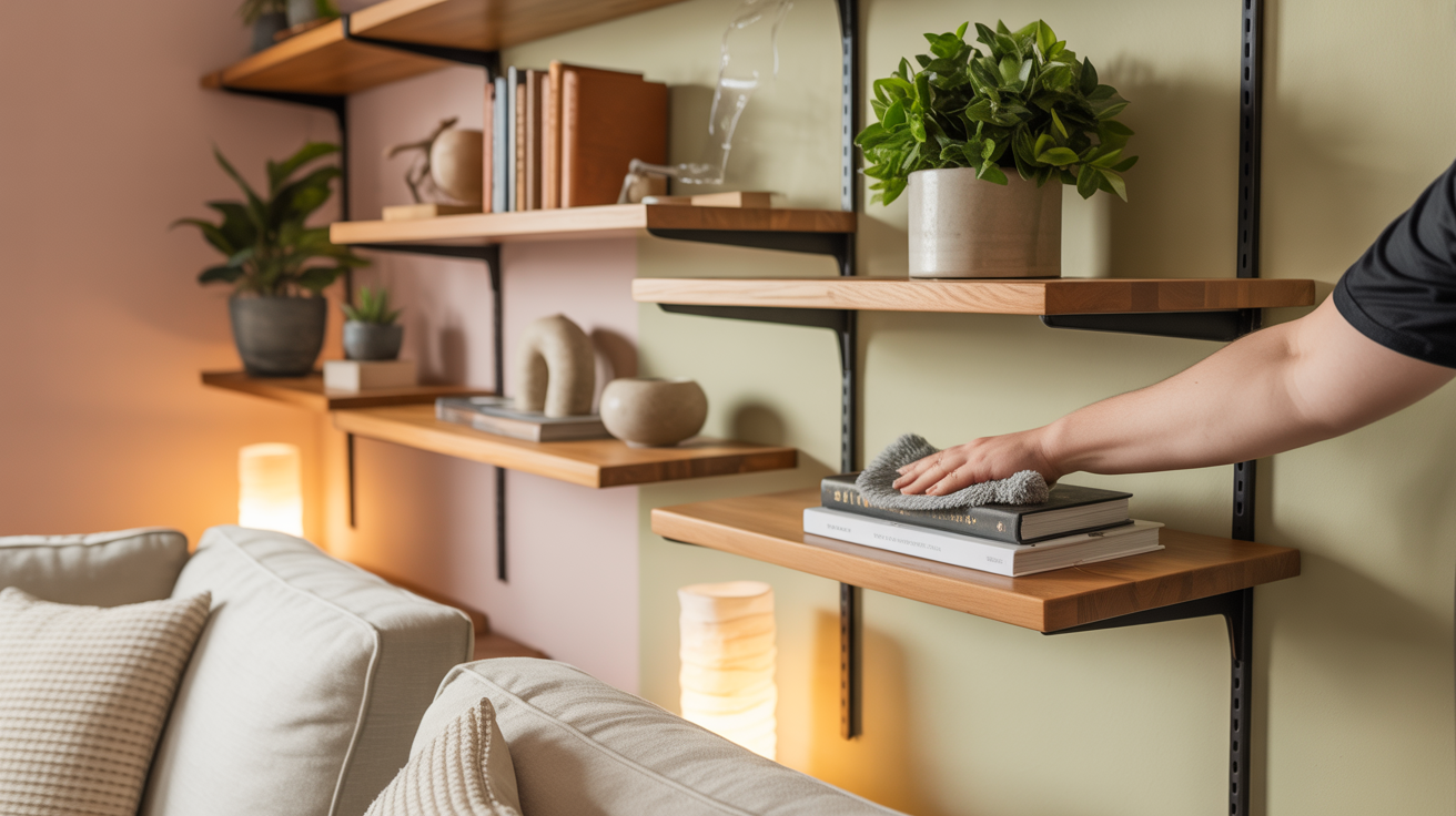 A person wiping down a shelf in a living room, ensuring a clean and inviting atmosphere.