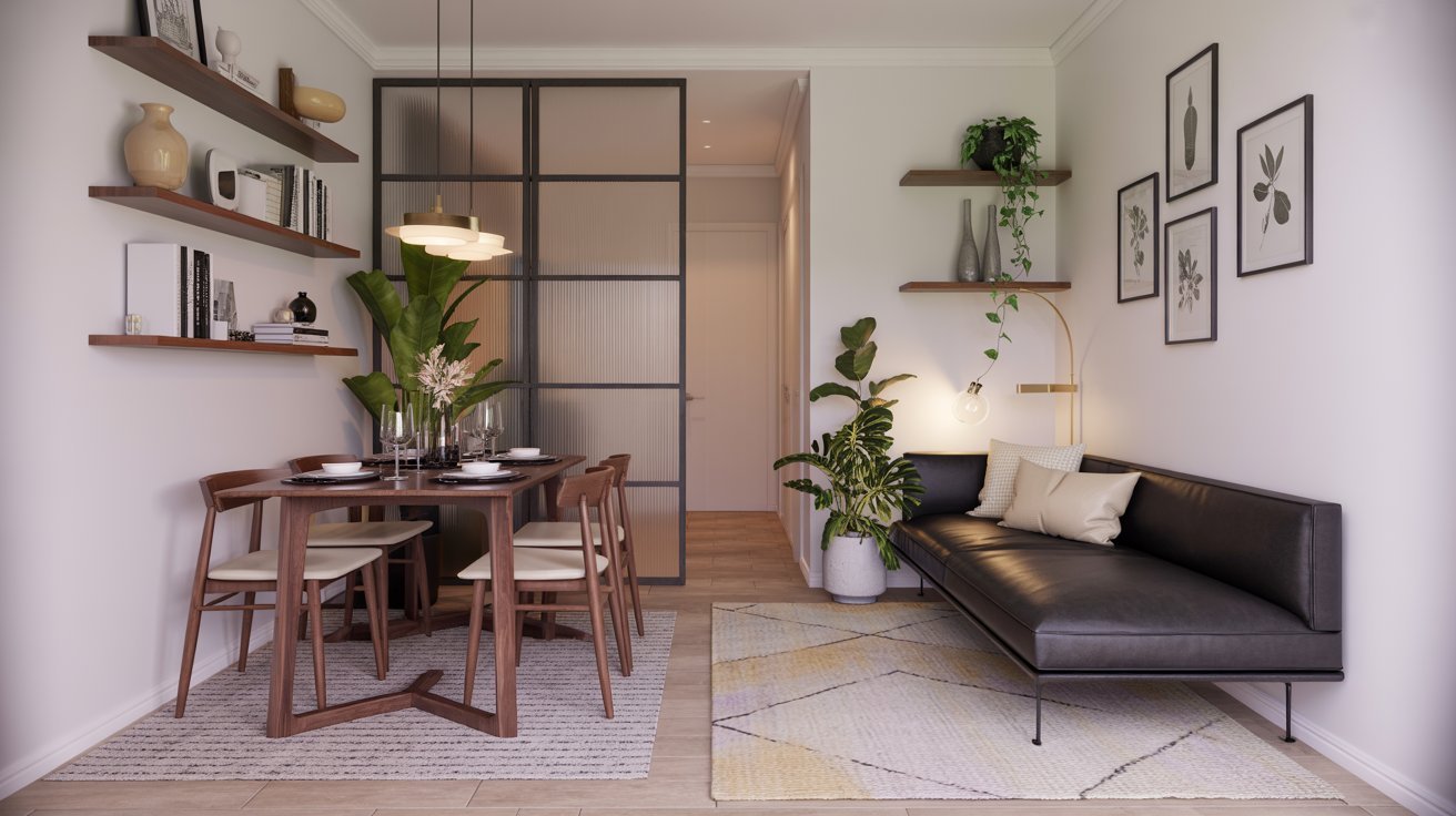  A cozy apartment featuring a dining table surrounded by chairs, showcasing a simple and inviting living space.
