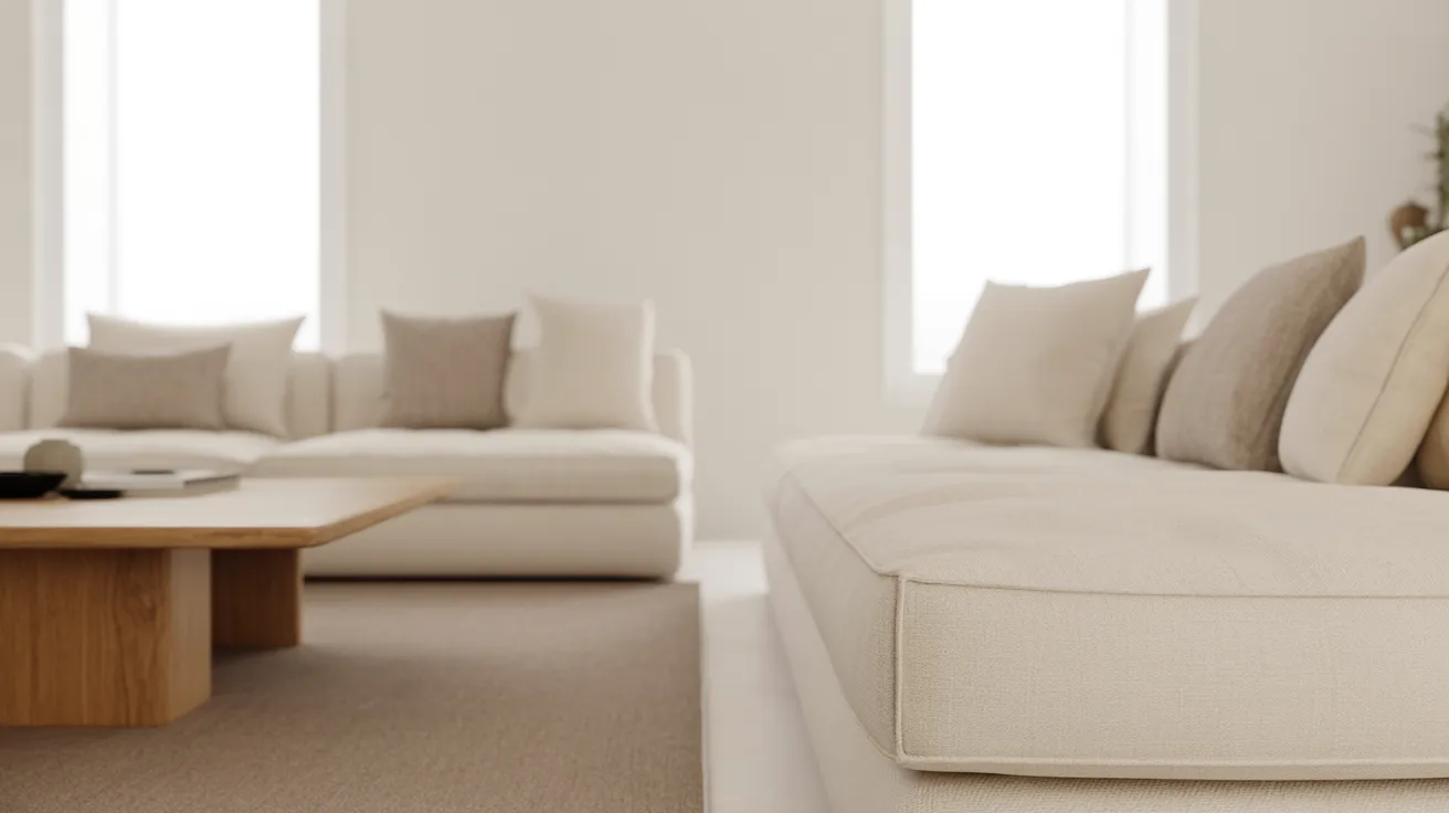 A minimalist living room with beige sofas, neutral cushions, and a light wood coffee table. Soft natural lighting creates a serene, cozy atmosphere.