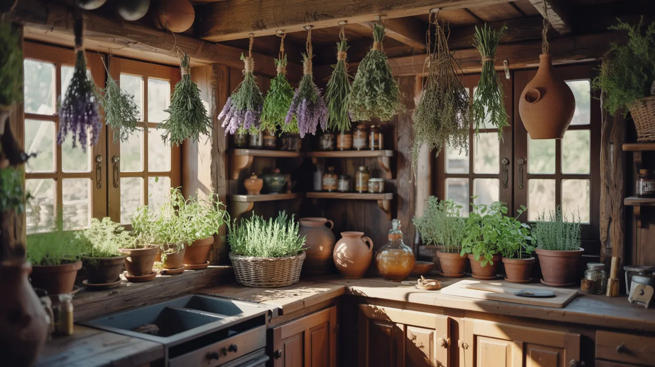 A cozy kitchen featuring various herbs hanging from the ceiling, adding a touch of greenery and freshness to the space.