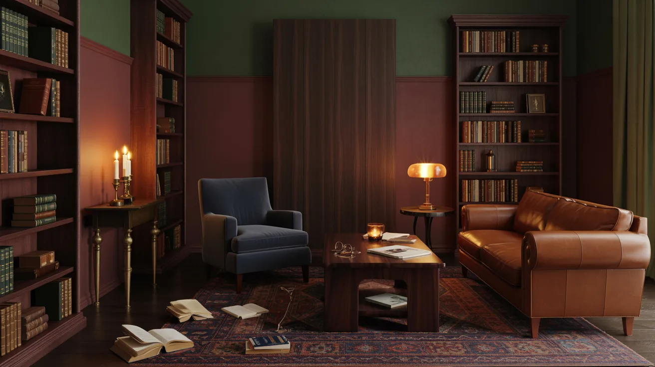 A living space with a comfortable couch, an armchair, and a well-stocked bookshelf.
