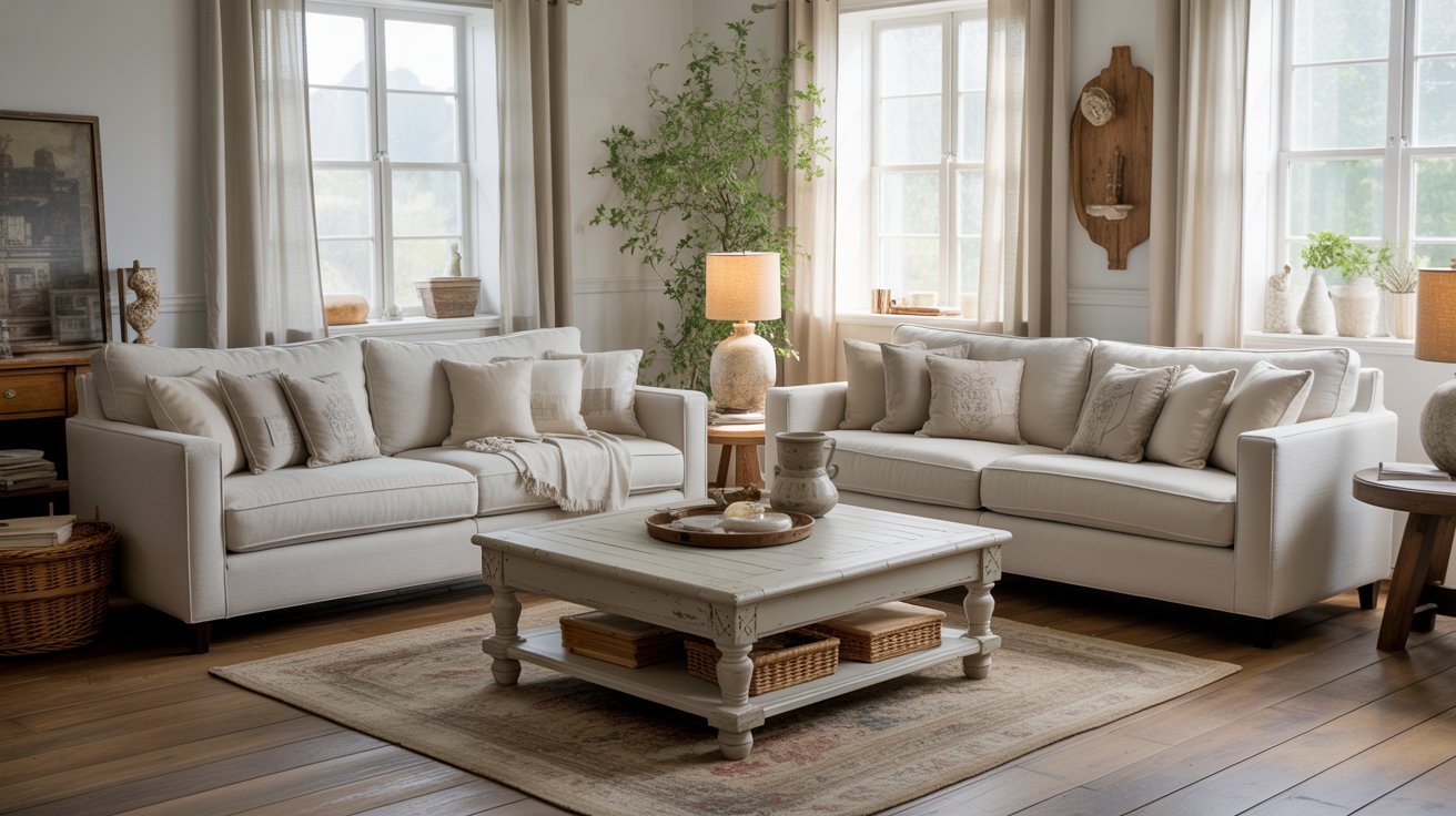 A modern living room showcasing a couch, a loveseat, and a coffee table, creating an inviting atmosphere.