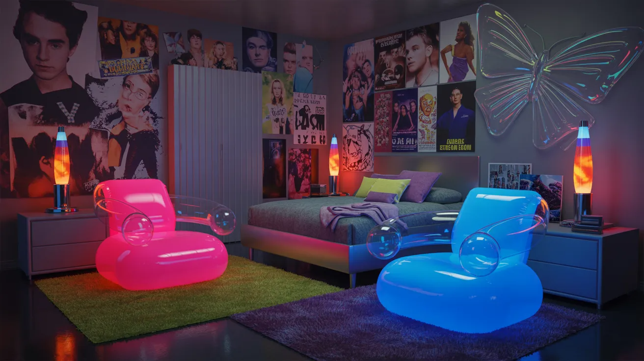 A modern bedroom featuring a bed illuminated by colorful neon lights, creating a vibrant and energetic atmosphere.
