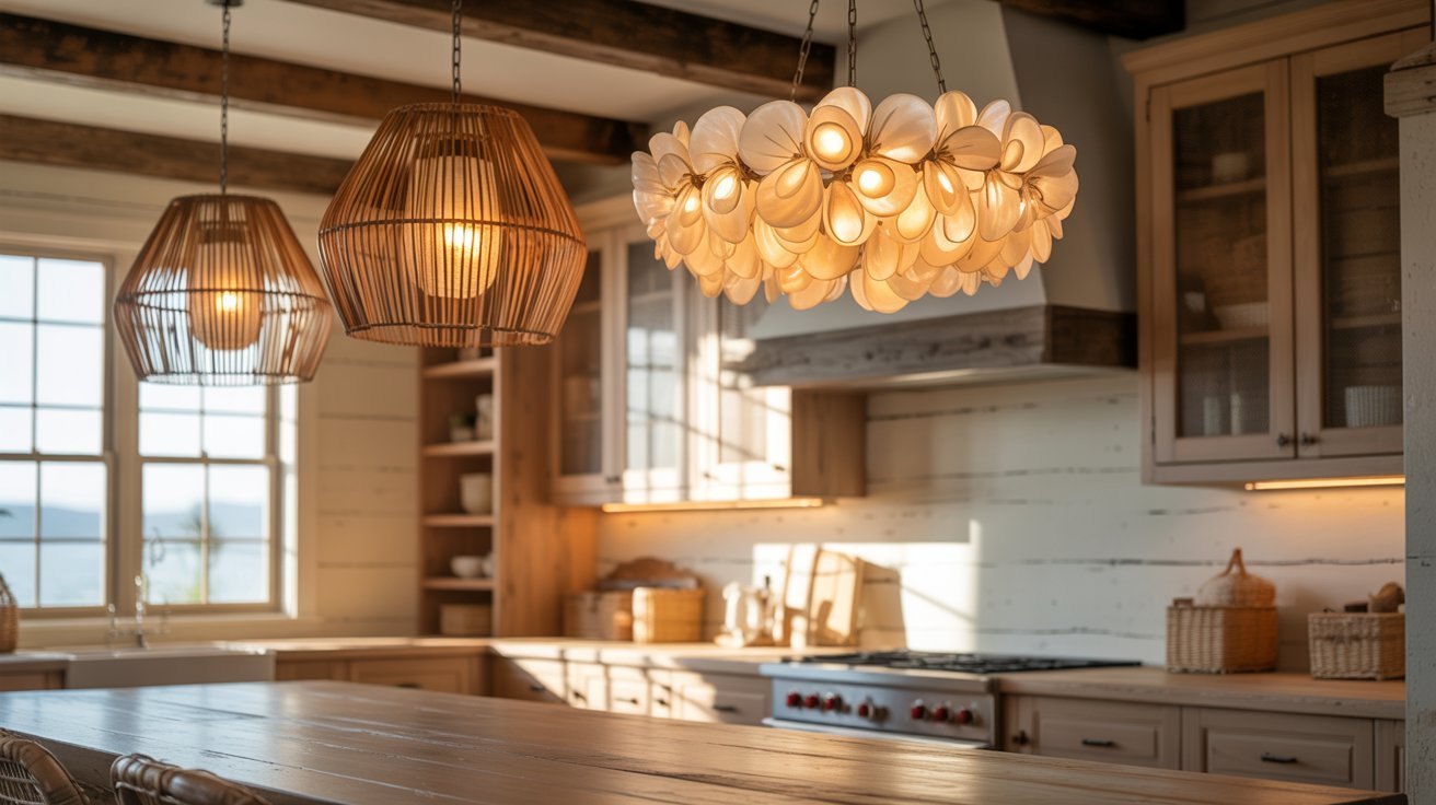 A well-designed kitchen showcasing wooden cabinets and contemporary pendant lights for added ambiance.