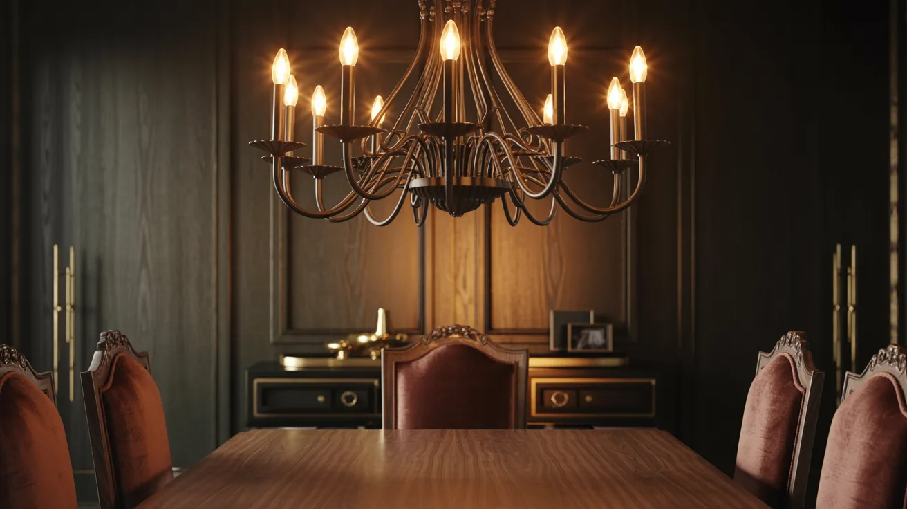  A dining room featuring an elegant chandelier above a set of chairs arranged around a polished table.