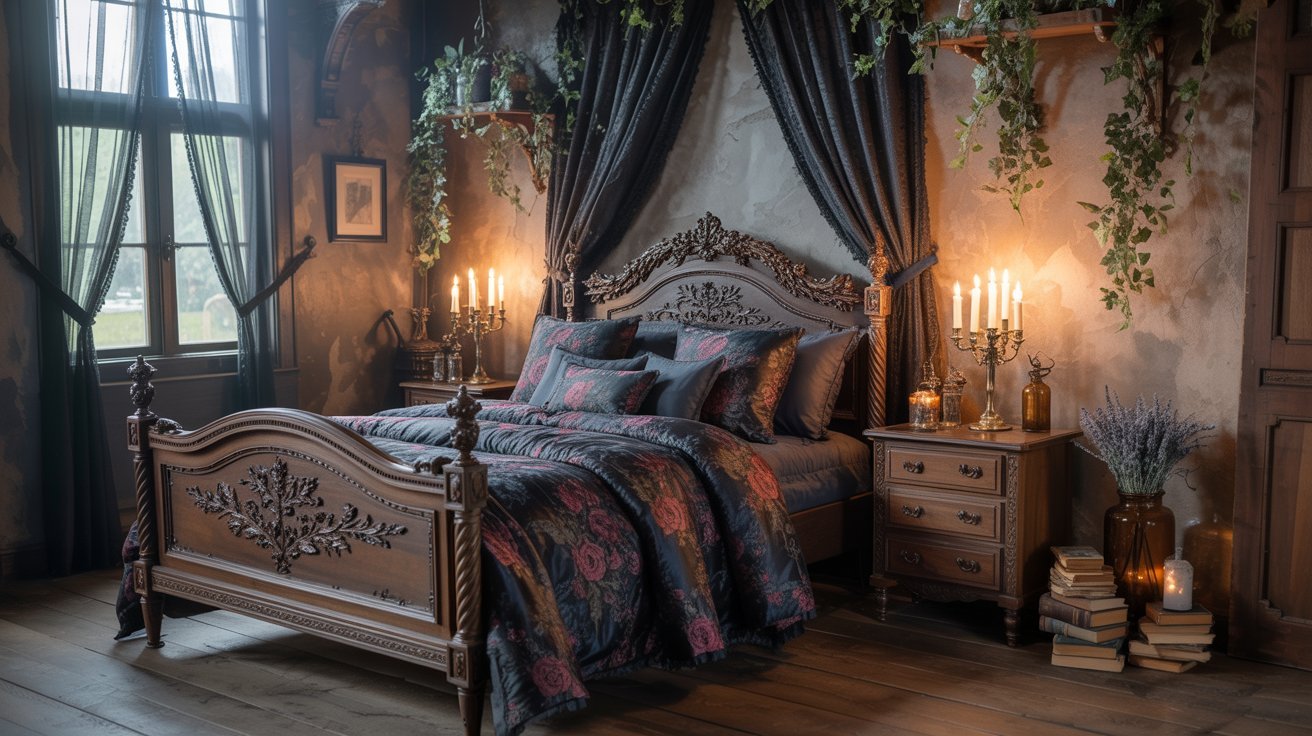 A cozy bedroom featuring a neatly made bed and a warm fireplace, creating a welcoming atmosphere.
