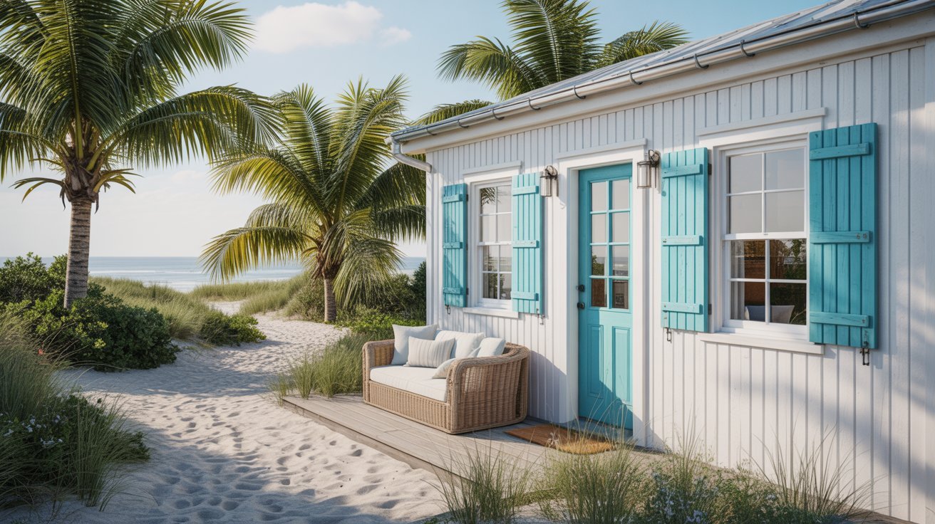 A beach house featuring blue shutters and a wooden bench in front, set against a sunny coastal backdrop.