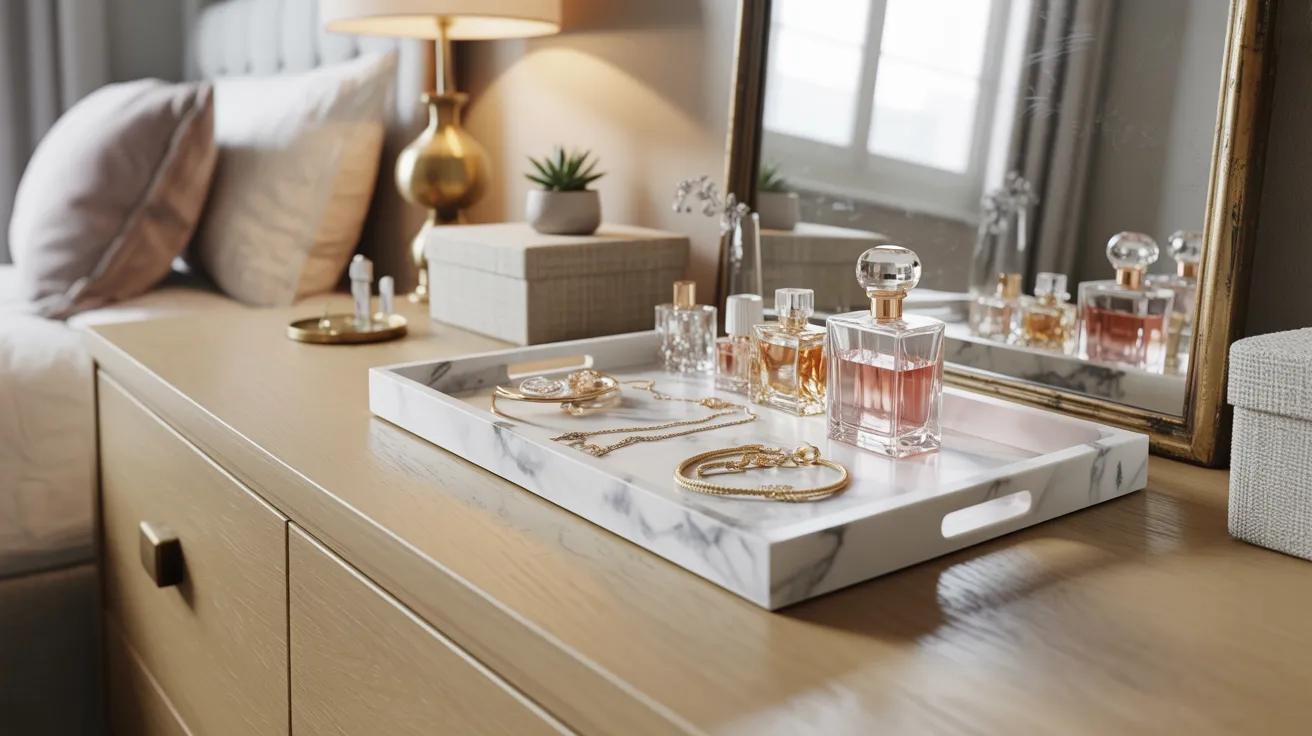A stylish bed with a gold mirror above, featuring a tray of elegant perfume bottles beside it.