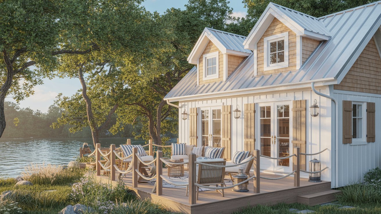 A quaint cottage featuring a deck and porch, surrounded by greenery.
