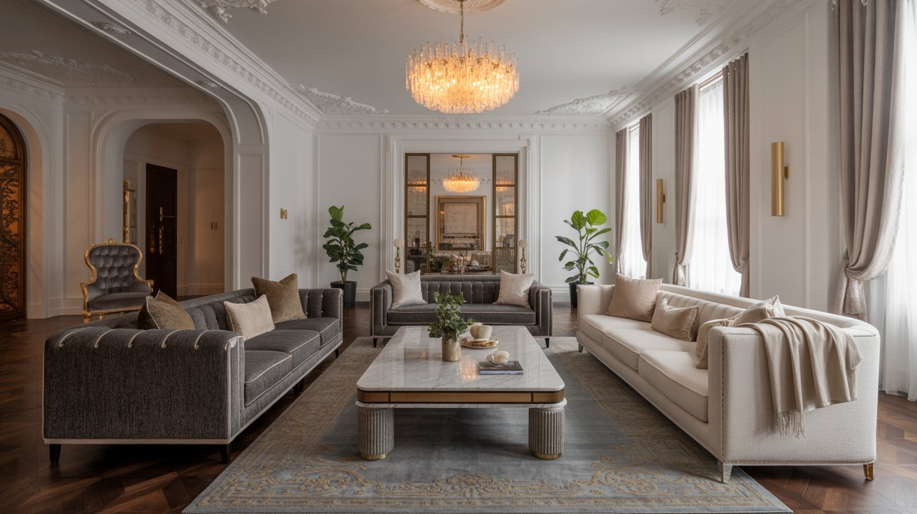A cozy living room featuring couches, chairs, and an elegant chandelier hanging from the ceiling.