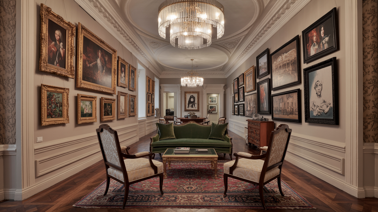  A hallway featuring a green chair beside a wall adorned with a colorful painting.