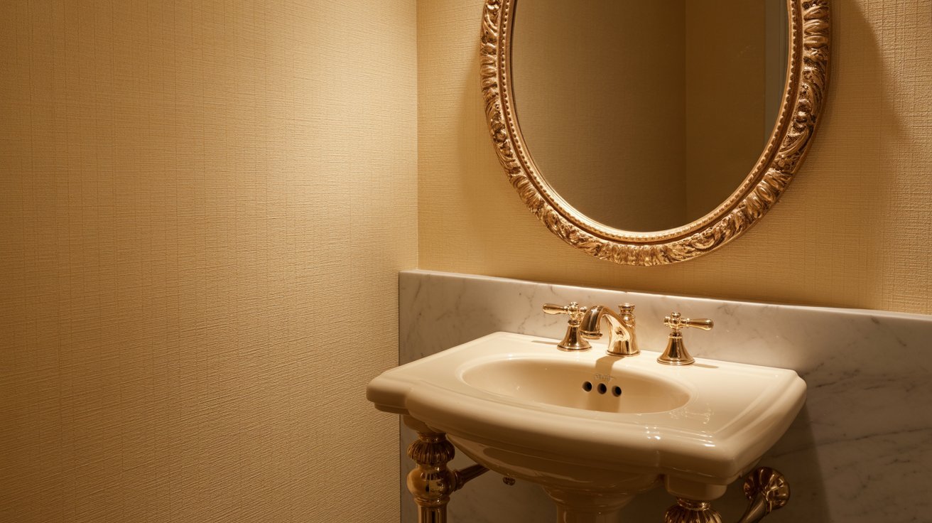 A bathroom sink with a stylish gold mirror hanging above it, reflecting the elegant decor of the space.