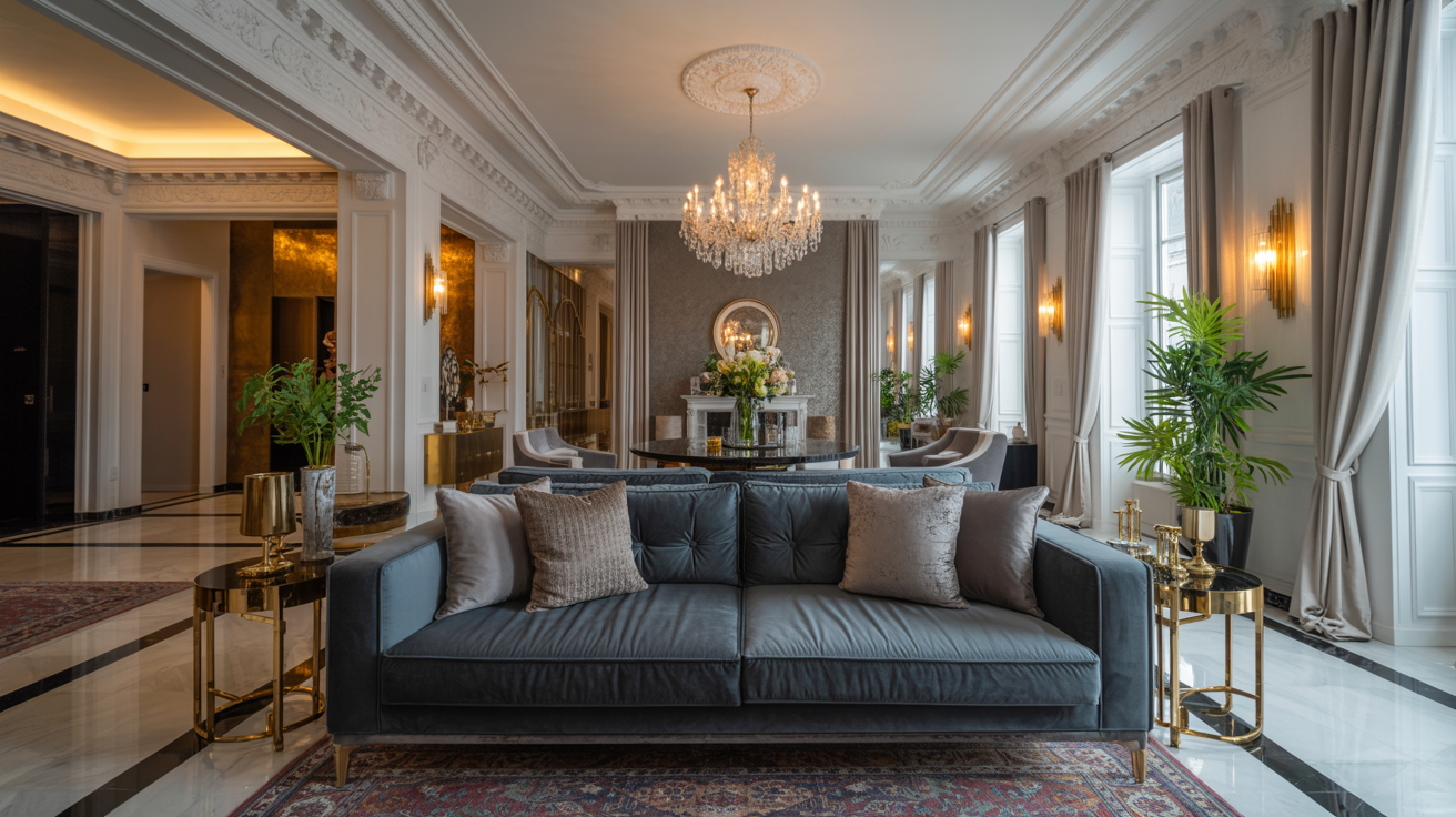 A cozy living room featuring a stylish chandelier above a comfortable couch.
