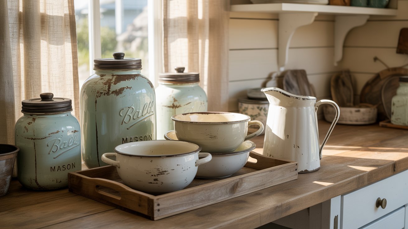 A cozy rustic kitchen featuring wooden cabinets, vintage decor, and warm lighting for a charming atmosphere.
