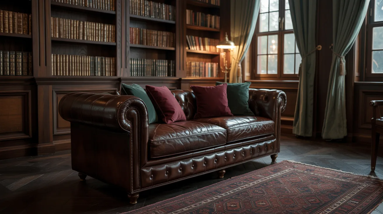A leather couch positioned in a library surrounded by tall bookshelves filled with various books.