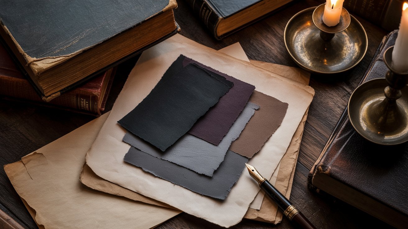 A collection of old books, lit candles, and a pen arranged on a wooden table, creating a cozy reading atmosphere.
