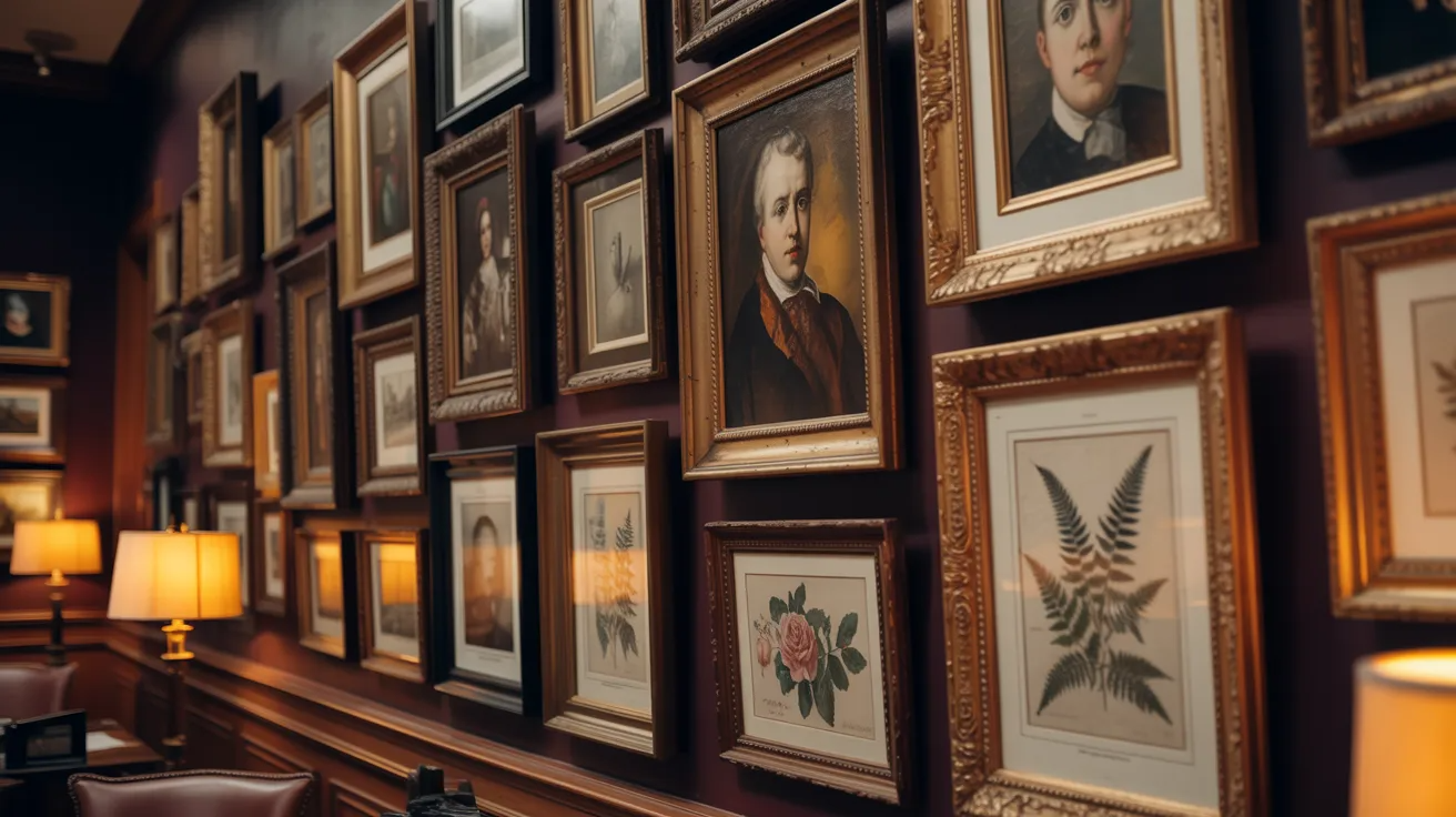 A  wall adorned with framed pictures in a room, complemented by a stylish lamp illuminating the space.