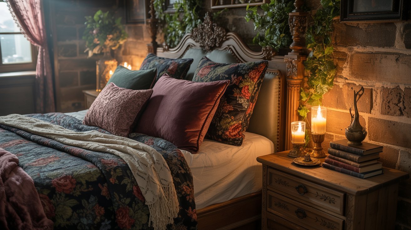 A cozy bed with a floral headboard and a stylish lamp beside it, creating a warm and inviting atmosphere.