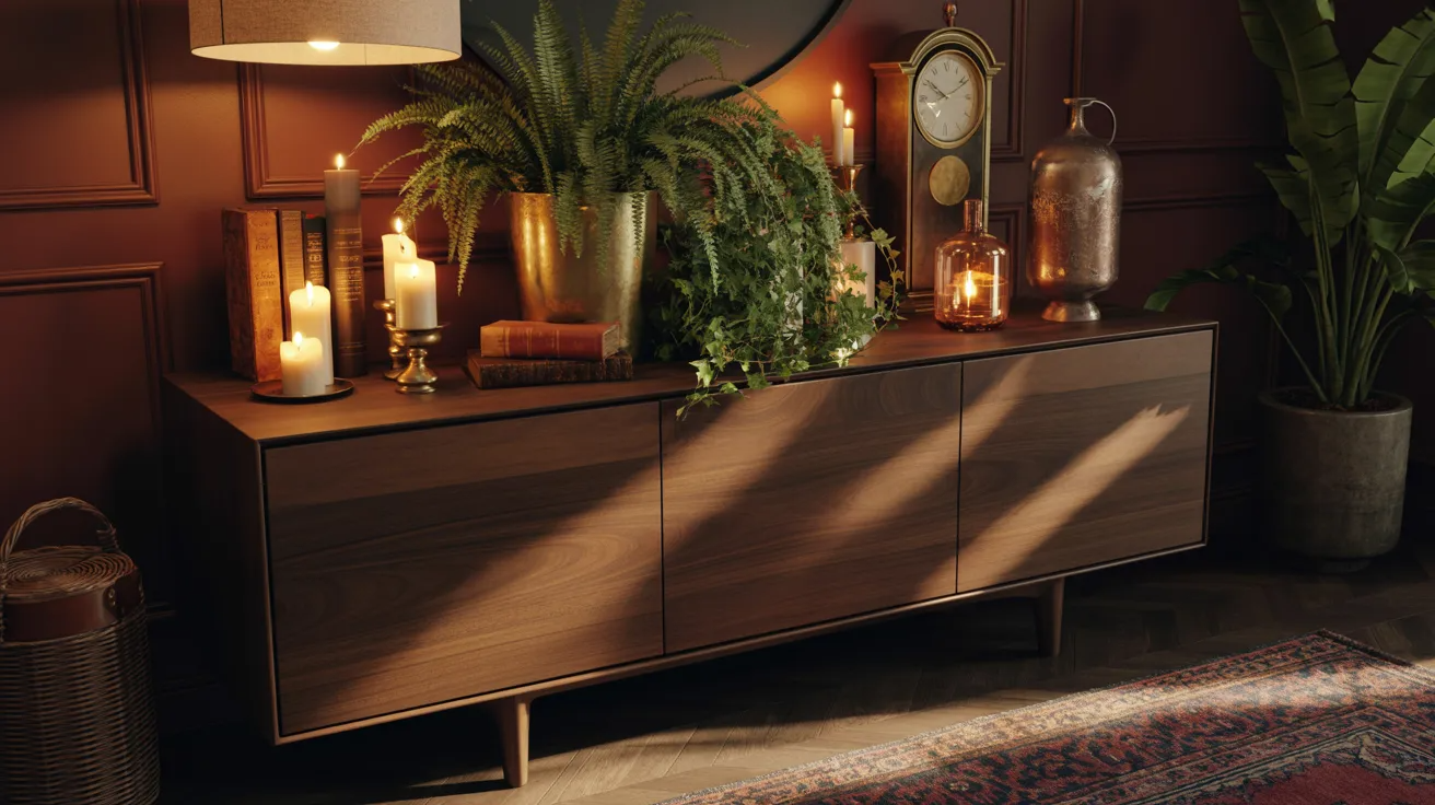  A sideboard adorned with candles and potted plants, creating a warm and inviting atmosphere.