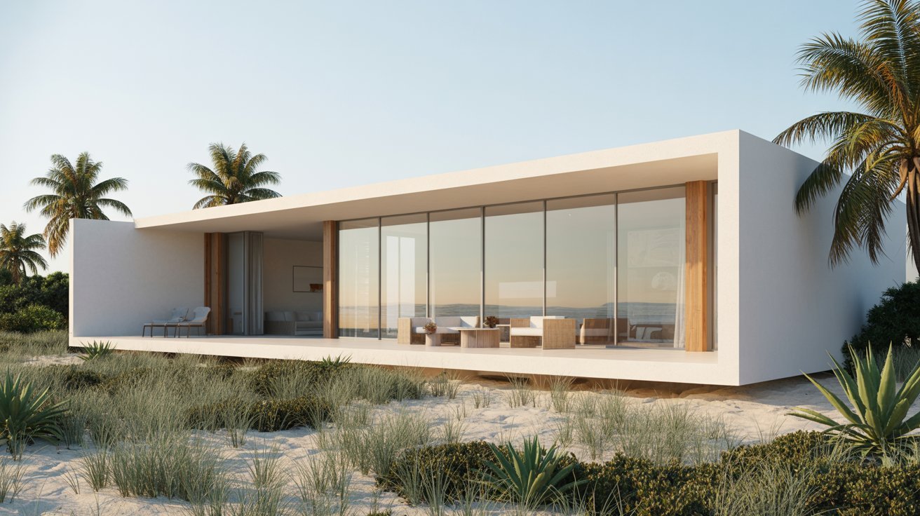 A modern beach house surrounded by palm trees, showcasing a serene coastal environment.