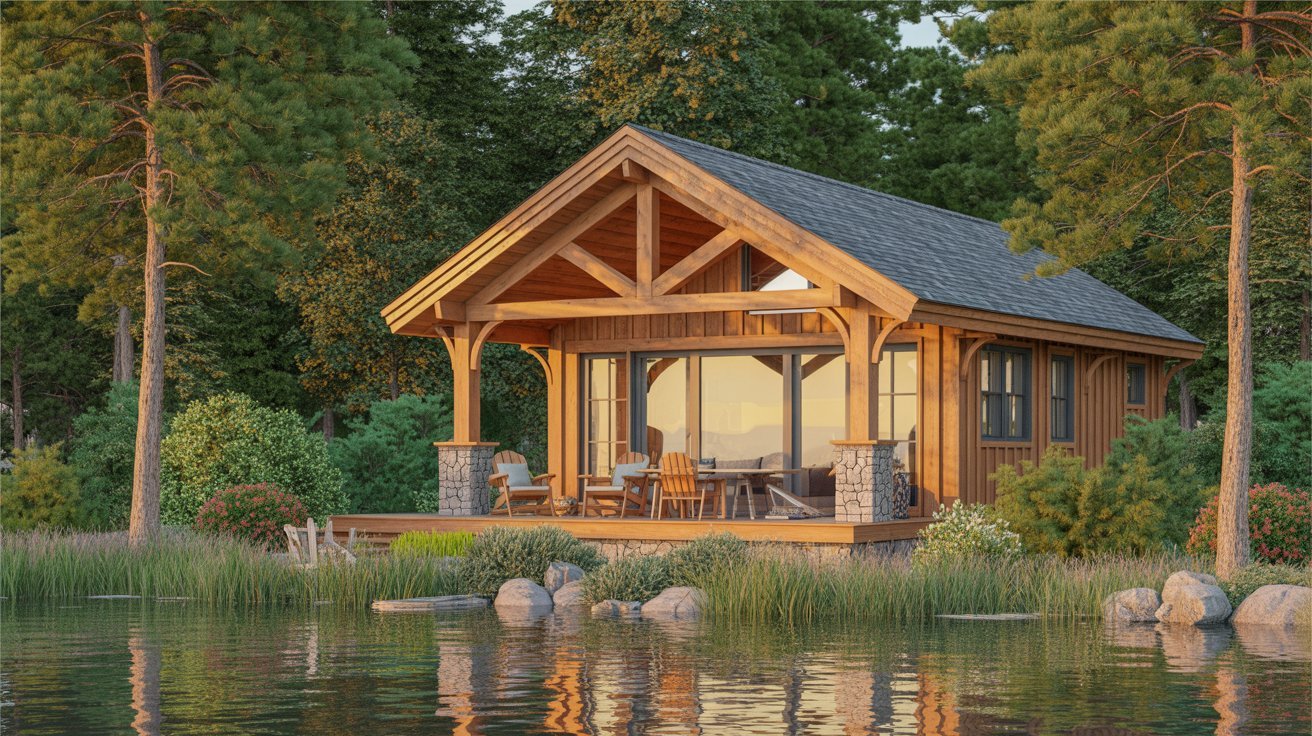 A small cabin rests on the shore of a tranquil lake, surrounded by trees and reflecting the serene landscape.