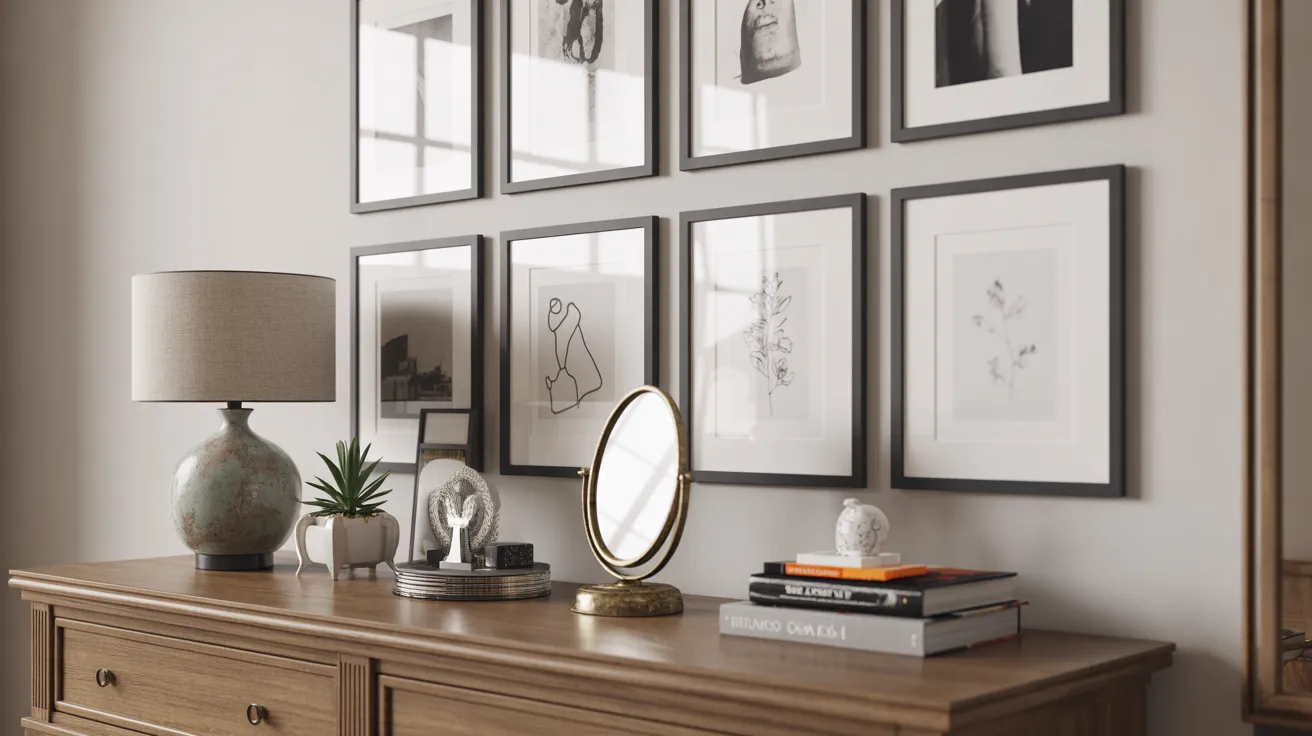 A wooden dresser adorned with several framed pictures and a large mirror reflecting the room's ambiance.