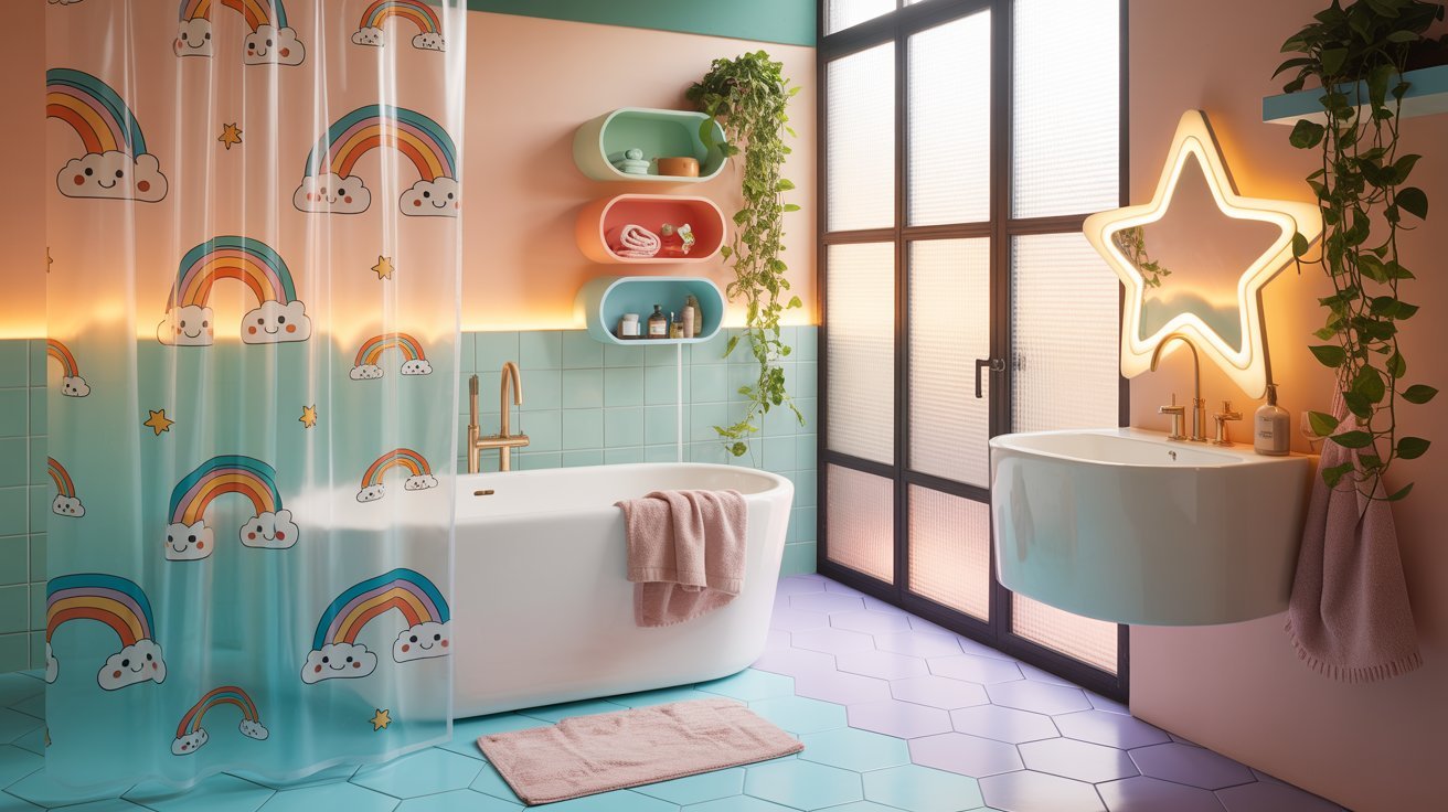 A vibrant bathroom featuring colorful walls and a cheerful rainbow shower curtain.