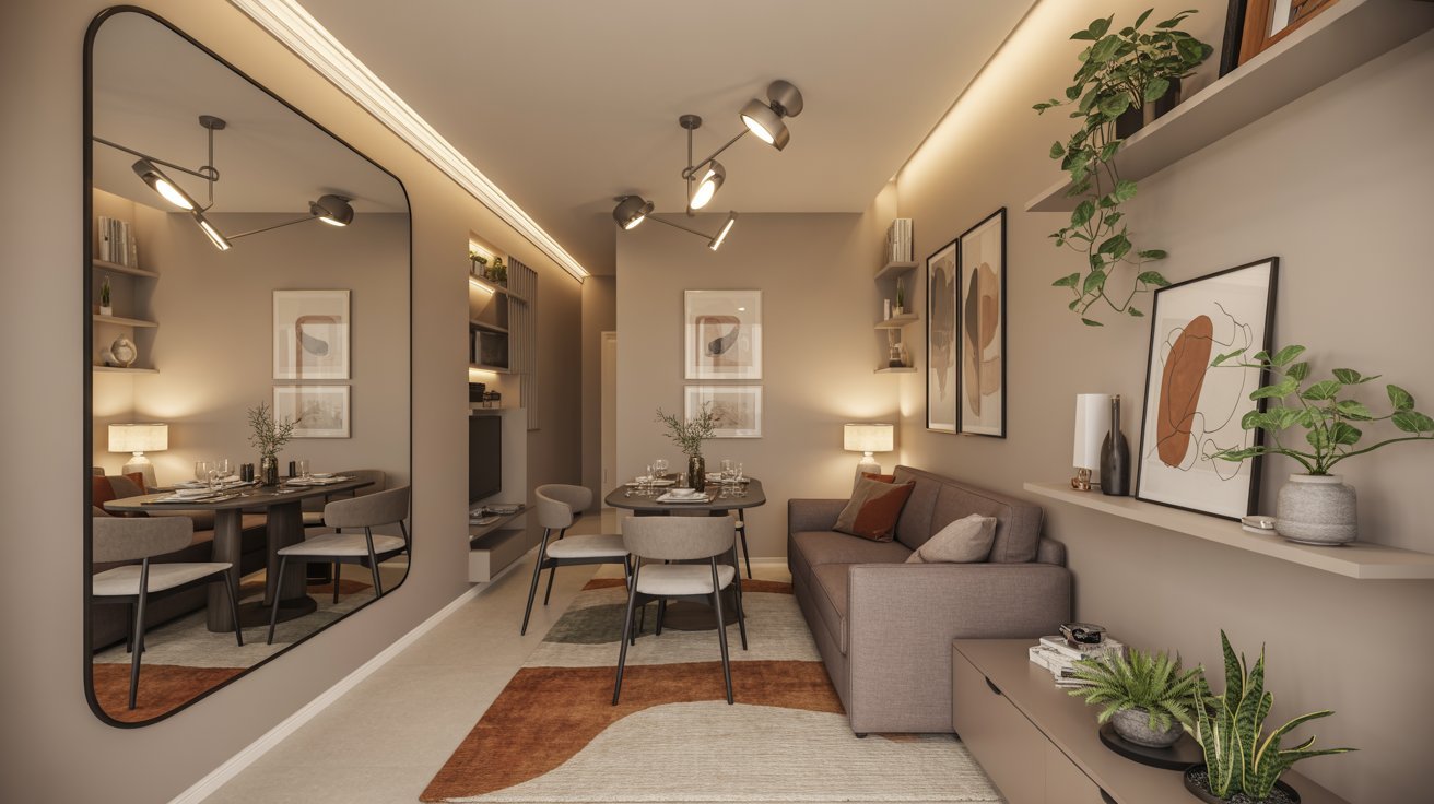 A contemporary apartment layout displaying a dining area connected to a stylish living room, emphasizing open space.